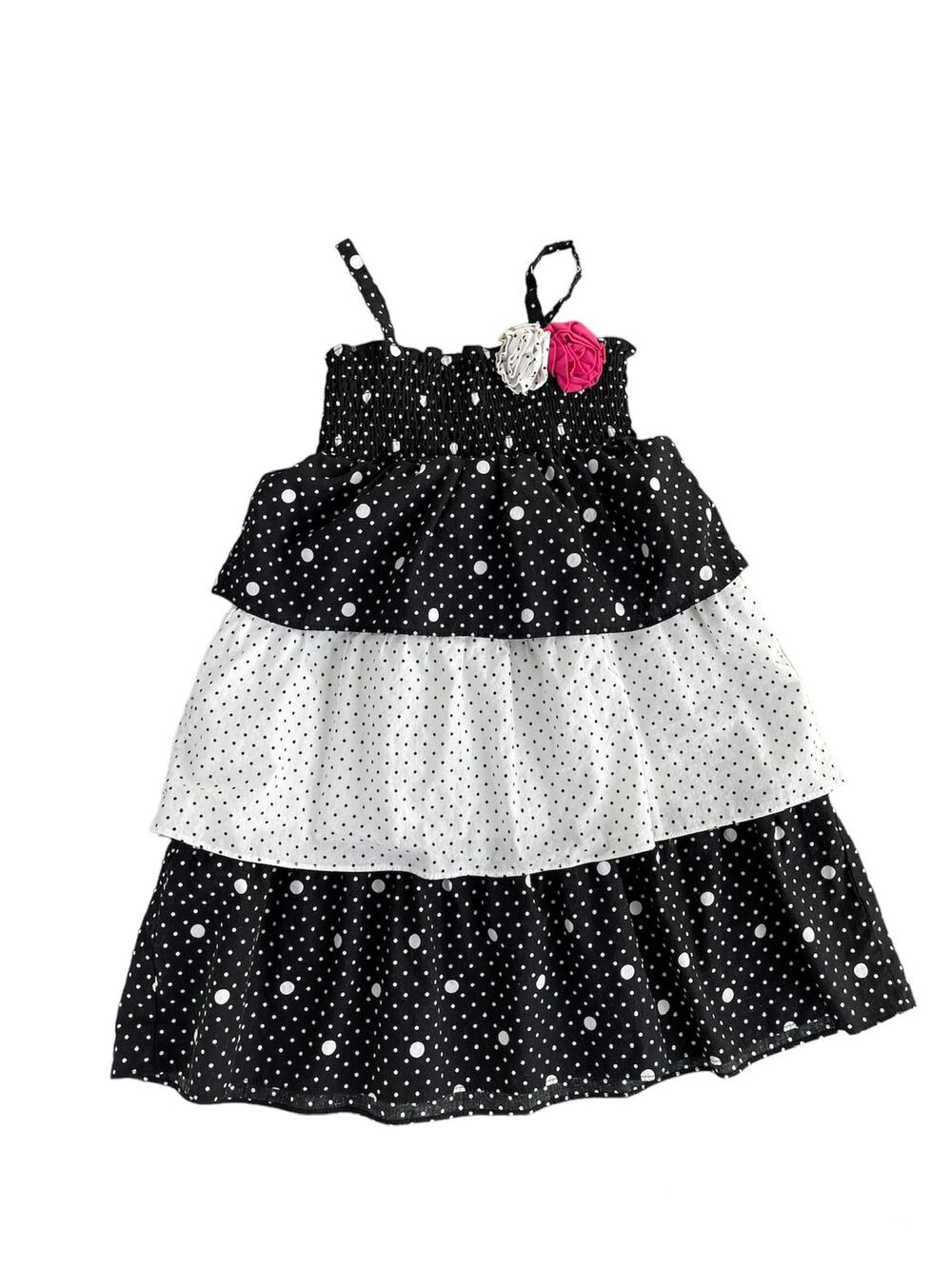 Girls Penny M 6 Black White Polka Dot Ruffle Pink Flower Smocked Sundress
